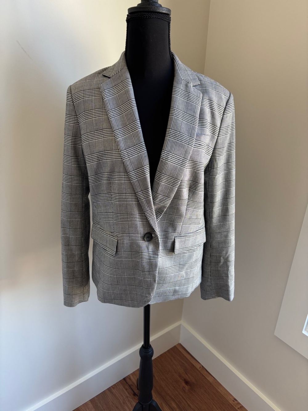 Ann Taylor Black Glen Plaid Single-Button Blazer